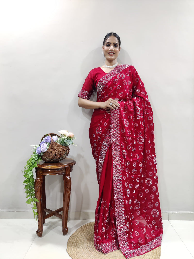 Pinkish Red Chiffon Satin Ready Made Saree