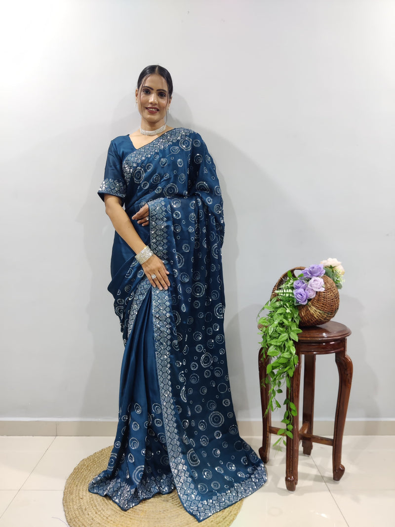 Teal Blue Chiffon Satin Ready Made Saree