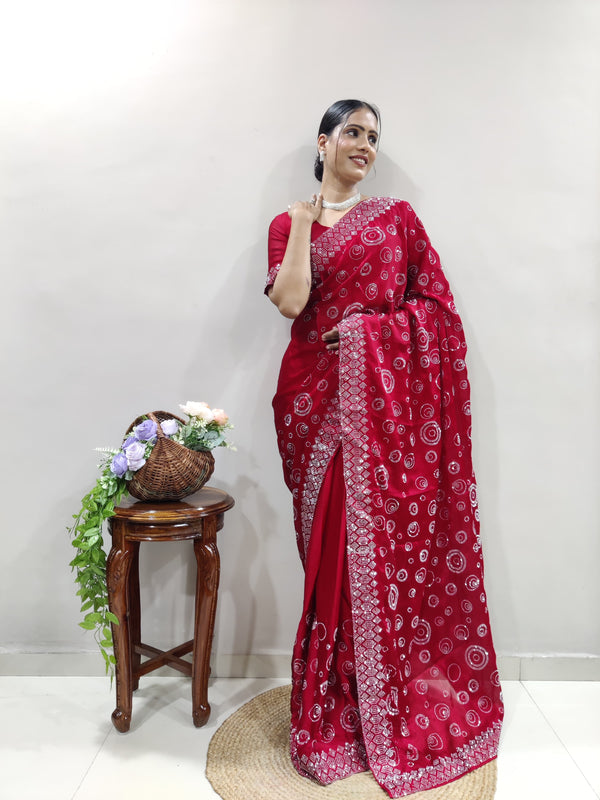 Pinkish Red Chiffon Satin Ready Made Saree