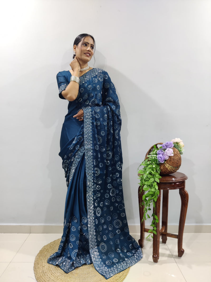 Teal Blue Chiffon Satin Ready Made Saree