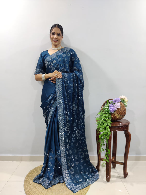 Teal Blue Chiffon Satin Ready Made Saree