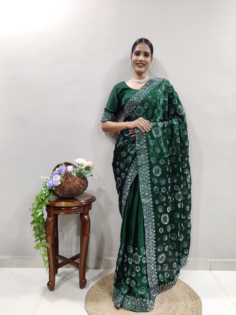 Green Chiffon Satin Ready Made Saree