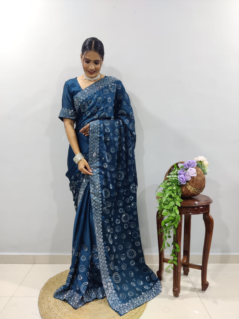 Teal Blue Chiffon Satin Ready Made Saree