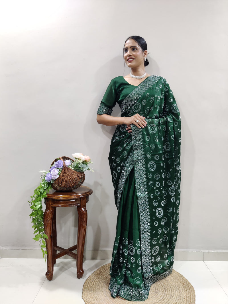 Green Chiffon Satin Ready Made Saree