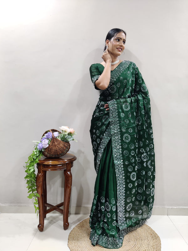 Green Chiffon Satin Ready Made Saree