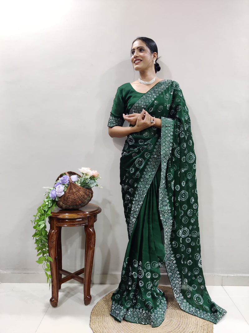 Green Chiffon Satin Ready Made Saree