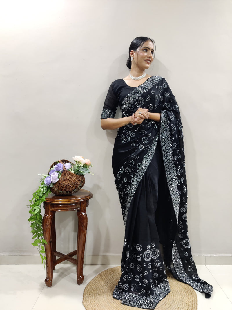 Black Chiffon Satin Ready Made Saree