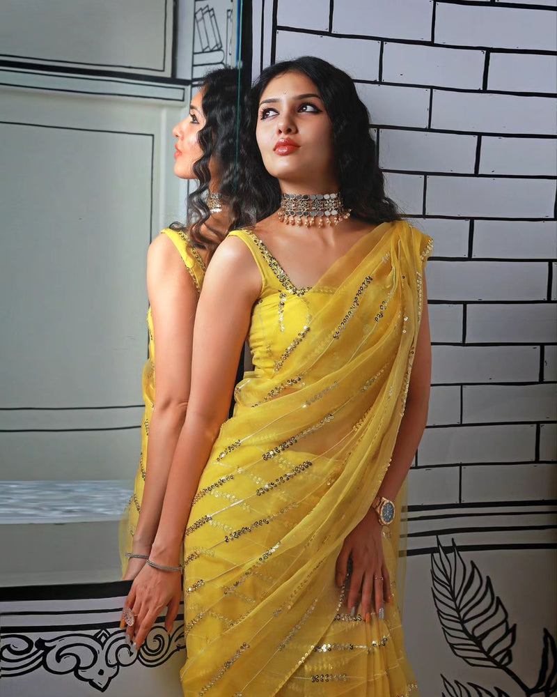 FANCY GEORGETTE EMBROIODERY SEQUENCE WORK SAREE WITH UNSTITCHED BLOUSE YELLOW