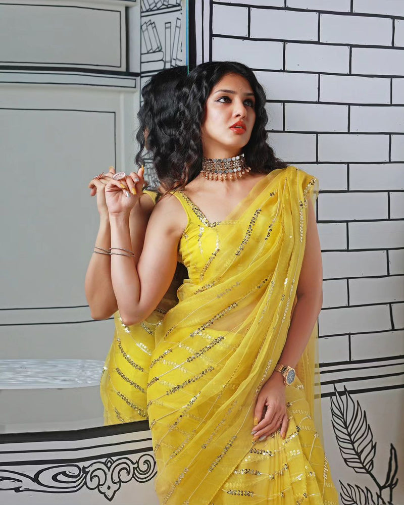 FANCY GEORGETTE EMBROIODERY SEQUENCE WORK SAREE WITH UNSTITCHED BLOUSE YELLOW