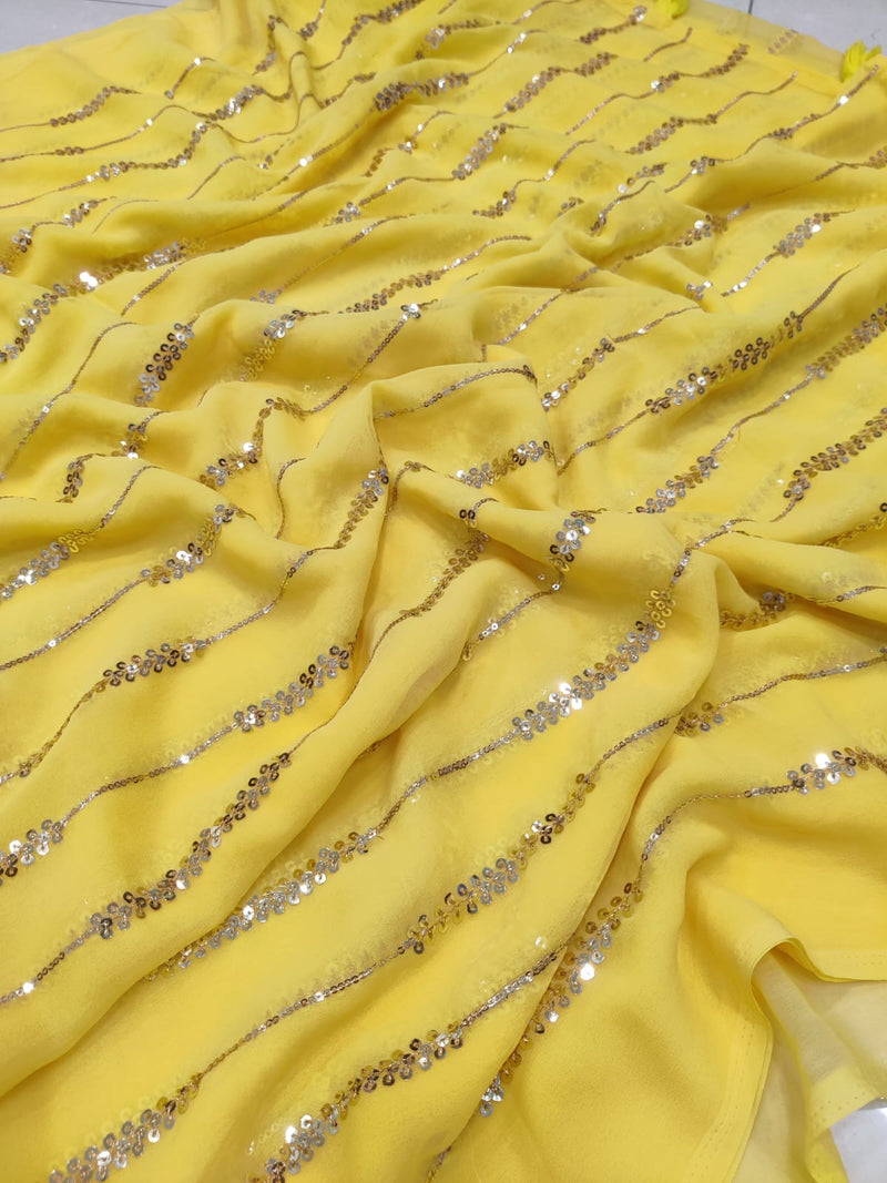 FANCY GEORGETTE EMBROIODERY SEQUENCE WORK SAREE WITH UNSTITCHED BLOUSE YELLOW