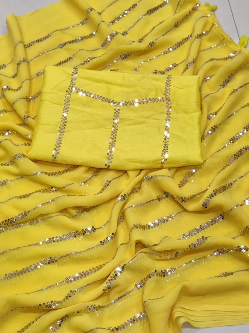 FANCY GEORGETTE EMBROIODERY SEQUENCE WORK SAREE WITH UNSTITCHED BLOUSE YELLOW