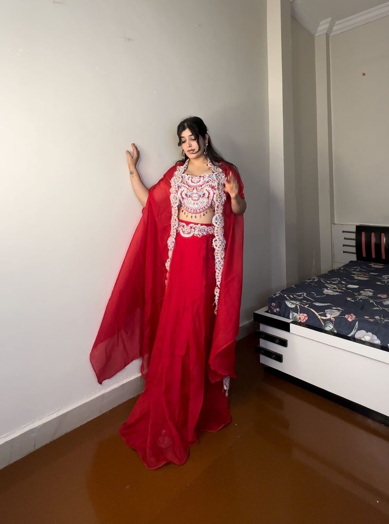 Georgette Blouse, Skirt & Koti Set with Sequins & Diamond Work