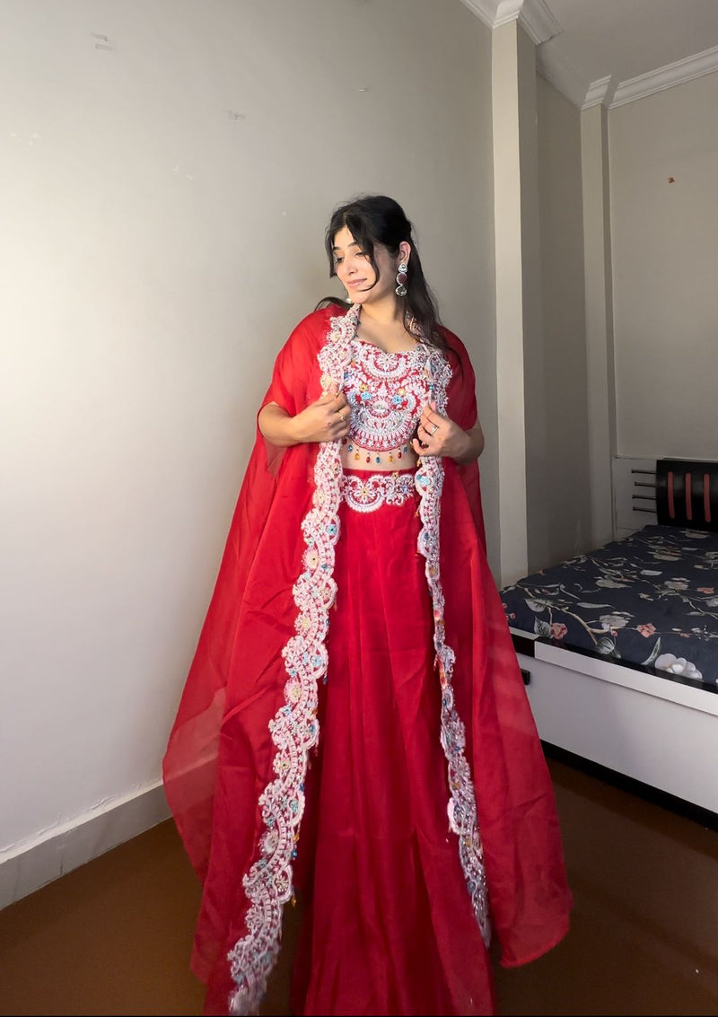 Georgette Blouse, Skirt & Koti Set with Sequins & Diamond Work
