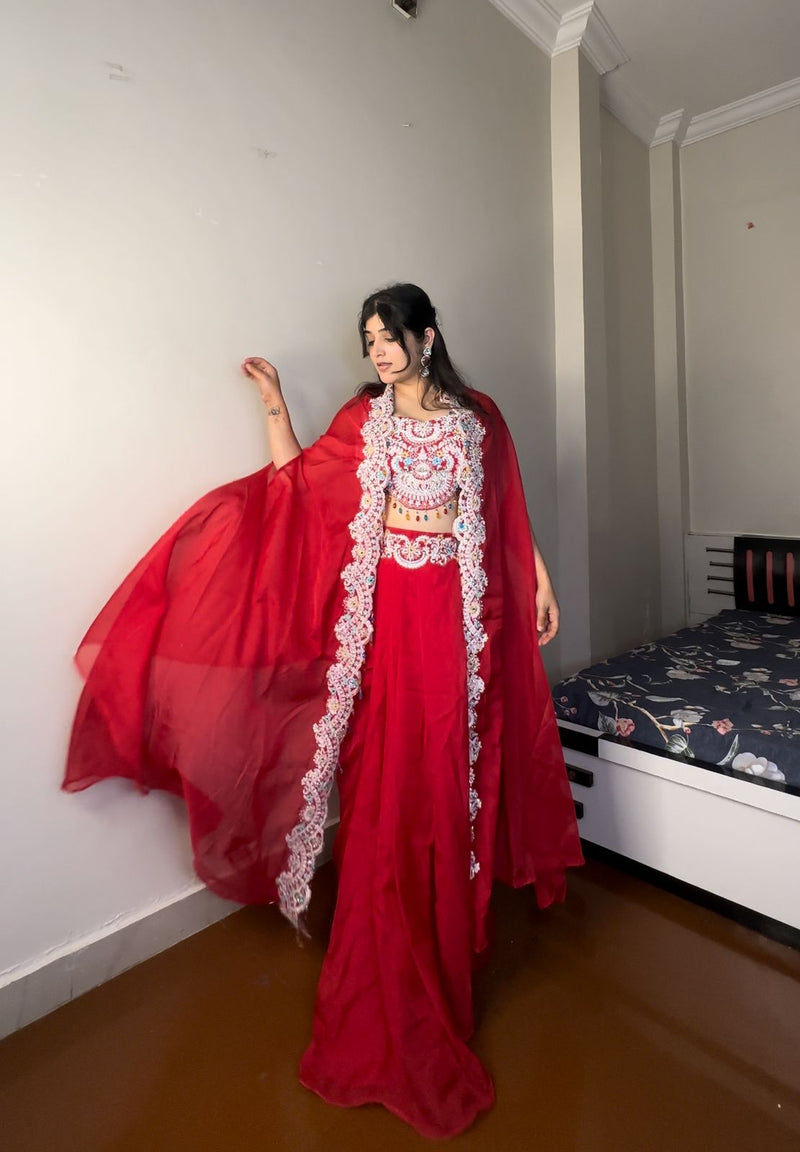 Georgette Blouse, Skirt & Koti Set with Sequins & Diamond Work