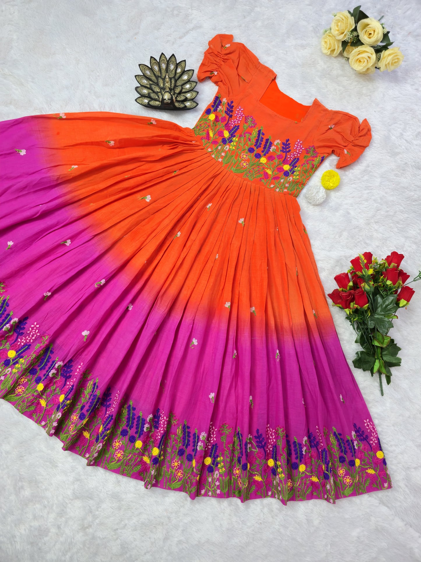 Premium Kora Cotton Midi Dress with Multicolour Thread Work