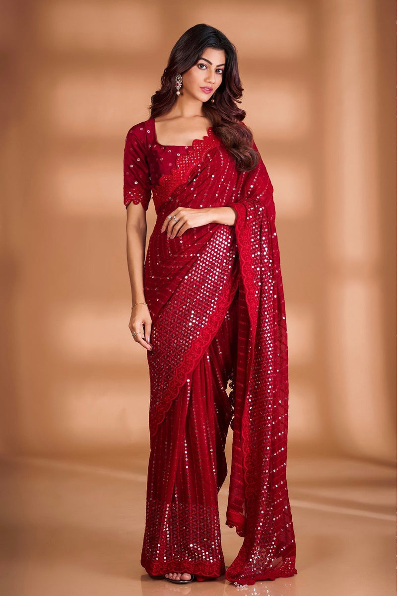 Red Georgette Embroidery Sequins Saree Women Party Wear Sari