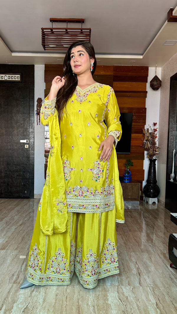 Shine Bright in Pure Cinon Silk – Embroidered Sarara Ensemble