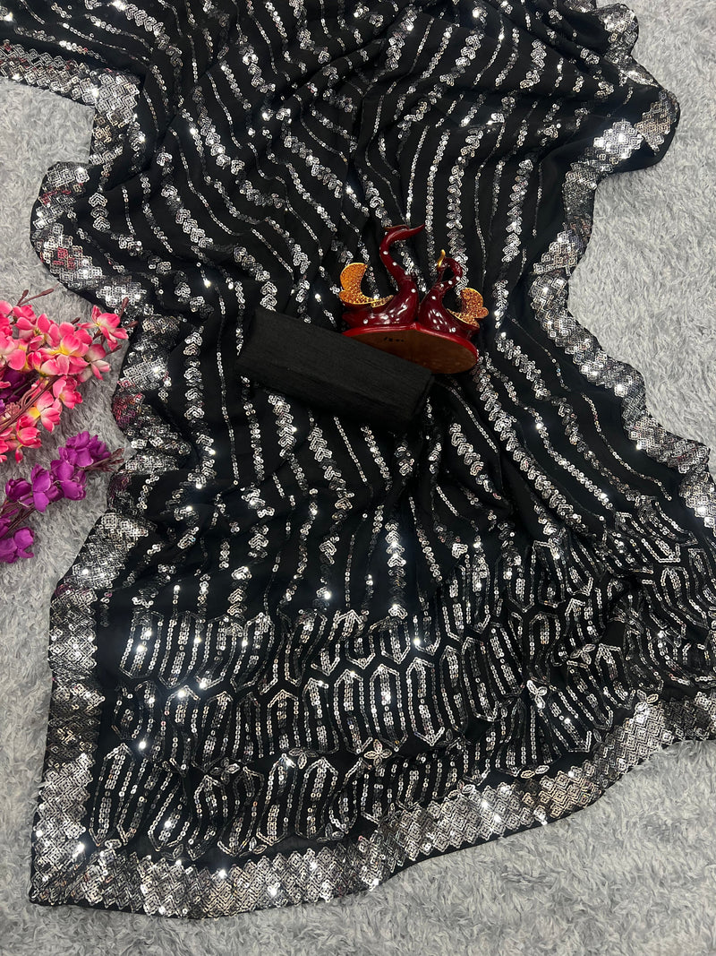 Black Georgette made Saree with Heavy Sequence Embroidery Work