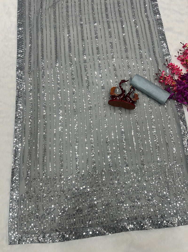 Grey Georgette made Saree with Heavy Sequence Embroidery Work