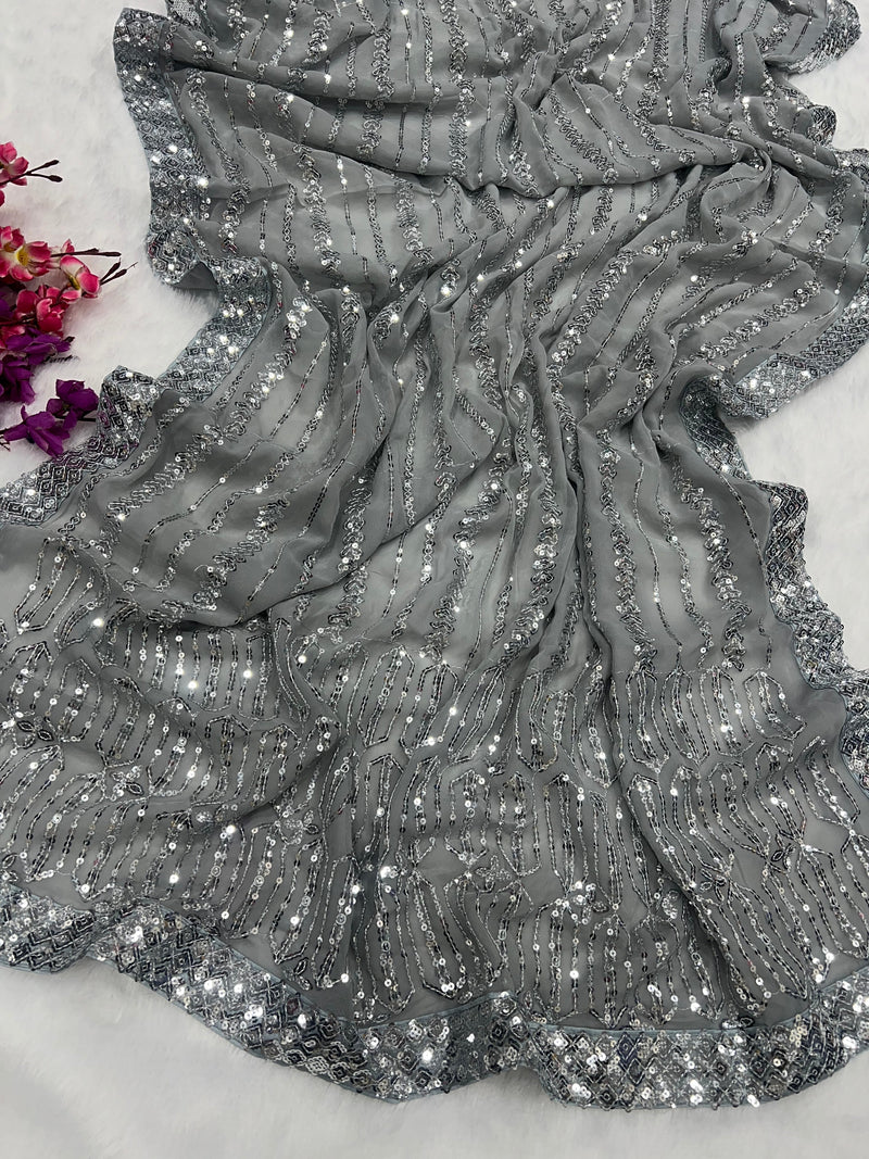 Grey Georgette made Saree with Heavy Sequence Embroidery Work