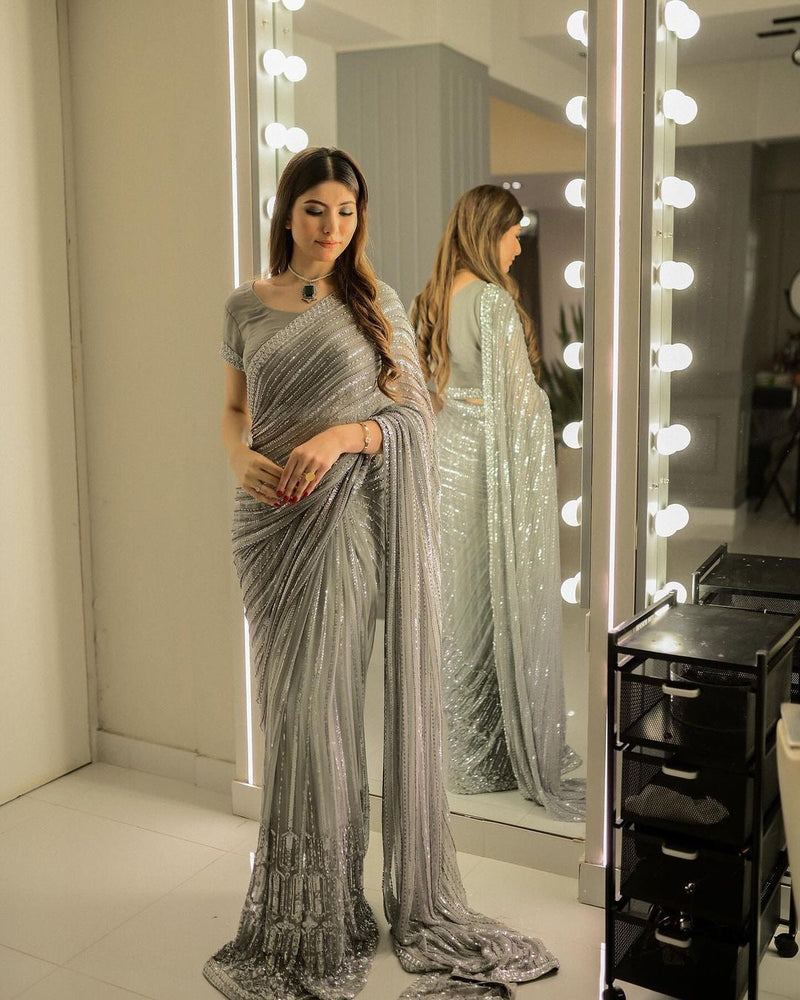 Grey Georgette made Saree with Heavy Sequence Embroidery Work