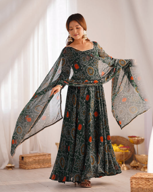 New Designer Bandhej Gown Set – Pure Soft Chiffon Anarkali with Dupatta and Pant
