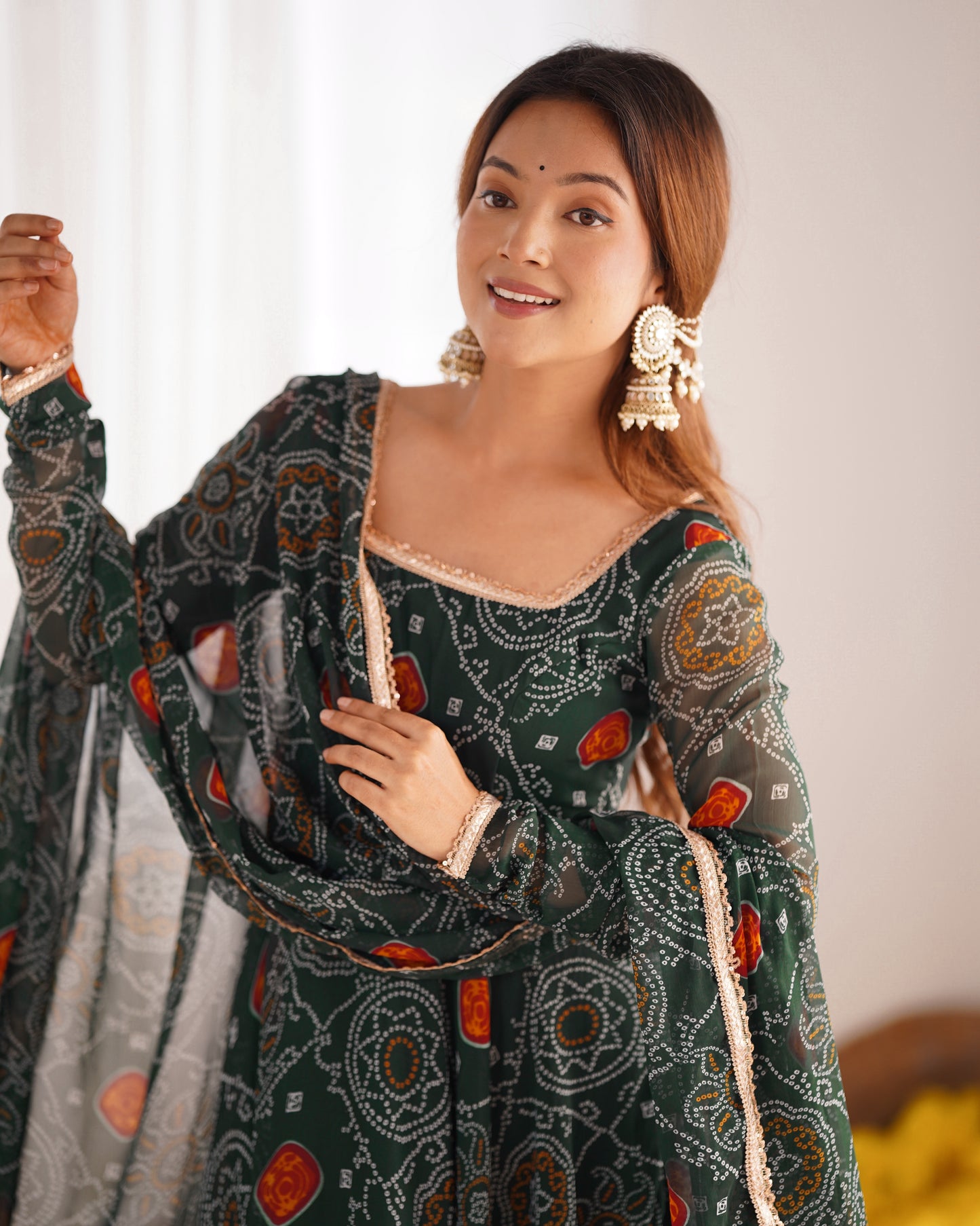 New Designer Bandhej Gown Set – Pure Soft Chiffon Anarkali with Dupatta and Pant