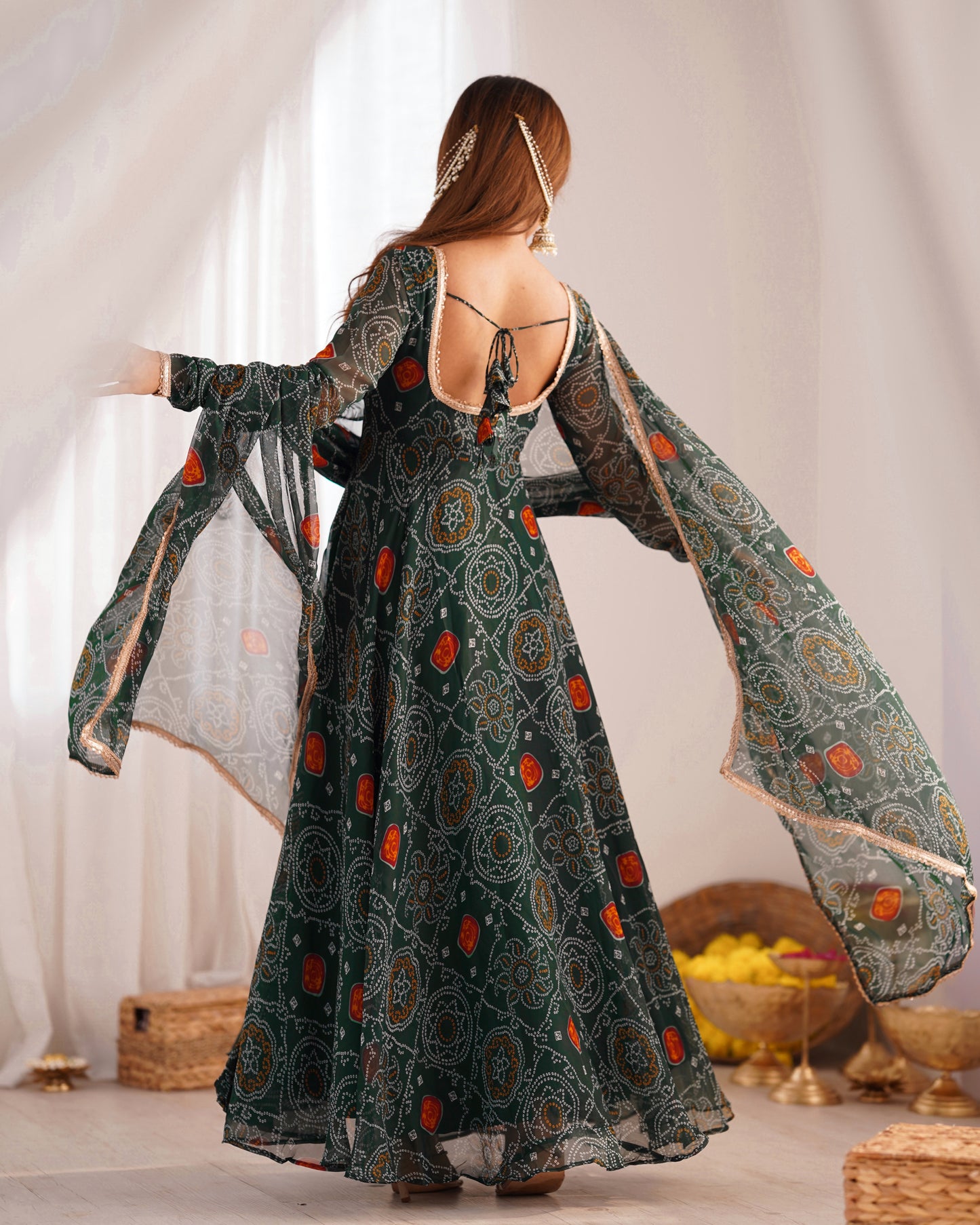 New Designer Bandhej Gown Set – Pure Soft Chiffon Anarkali with Dupatta and Pant