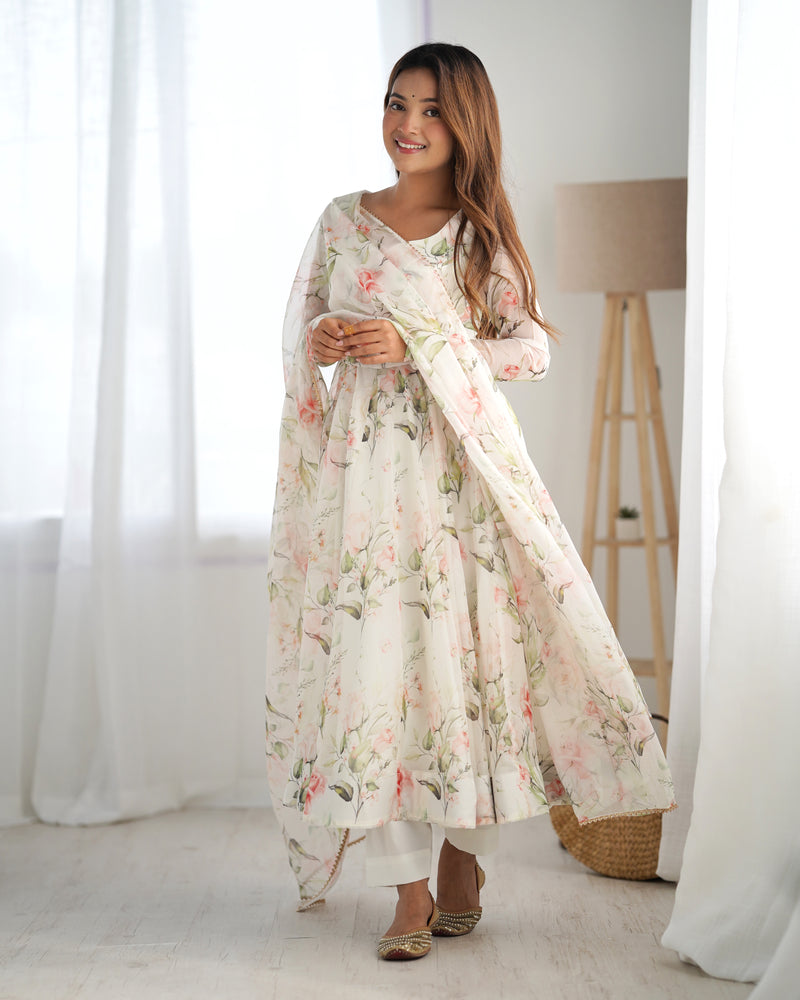 Fresh Look Organza Silk Kali-Cut Anarkali Suit Set with Dupatta & Pant – Summer Festive Special