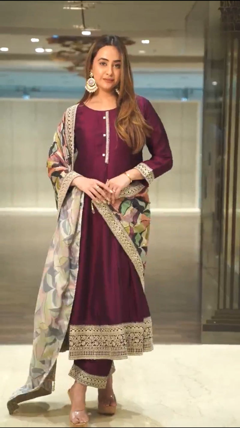 Maroon Designer Party Wear Gown with Dupatta