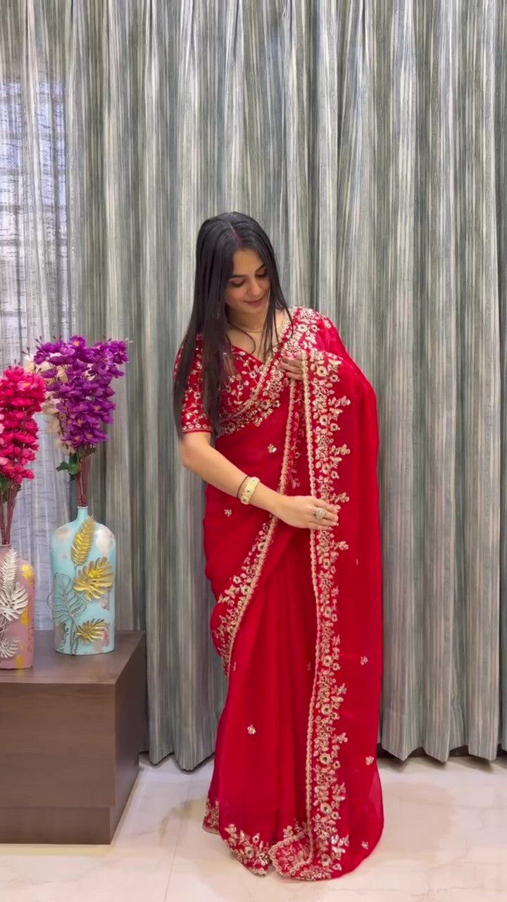 Frendy Chiffon Sequins Embroidered Saree with Heavy Sequins Blouse – Designer Party Wear Wedding Saree
