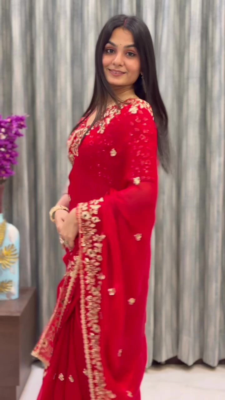 Frendy Chiffon Sequins Embroidered Saree with Heavy Sequins Blouse – Designer Party Wear Wedding Saree