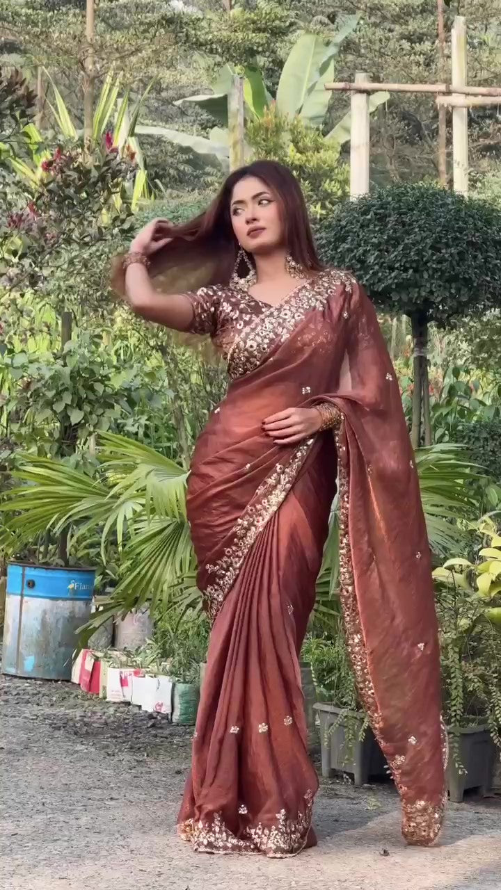 Frendy Chiffon Sequins Embroidered Saree with Heavy Sequins Blouse – Designer Party Wear Wedding Saree