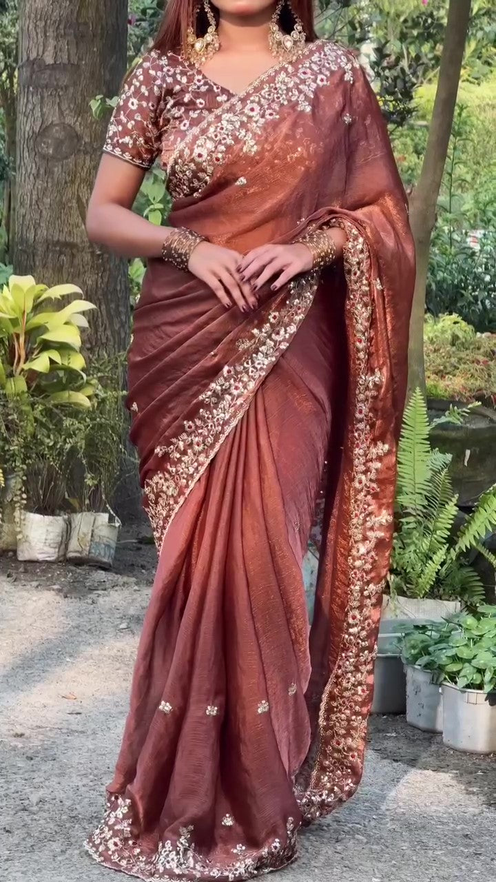 Frendy Chiffon Sequins Embroidered Saree with Heavy Sequins Blouse – Designer Party Wear Wedding Saree