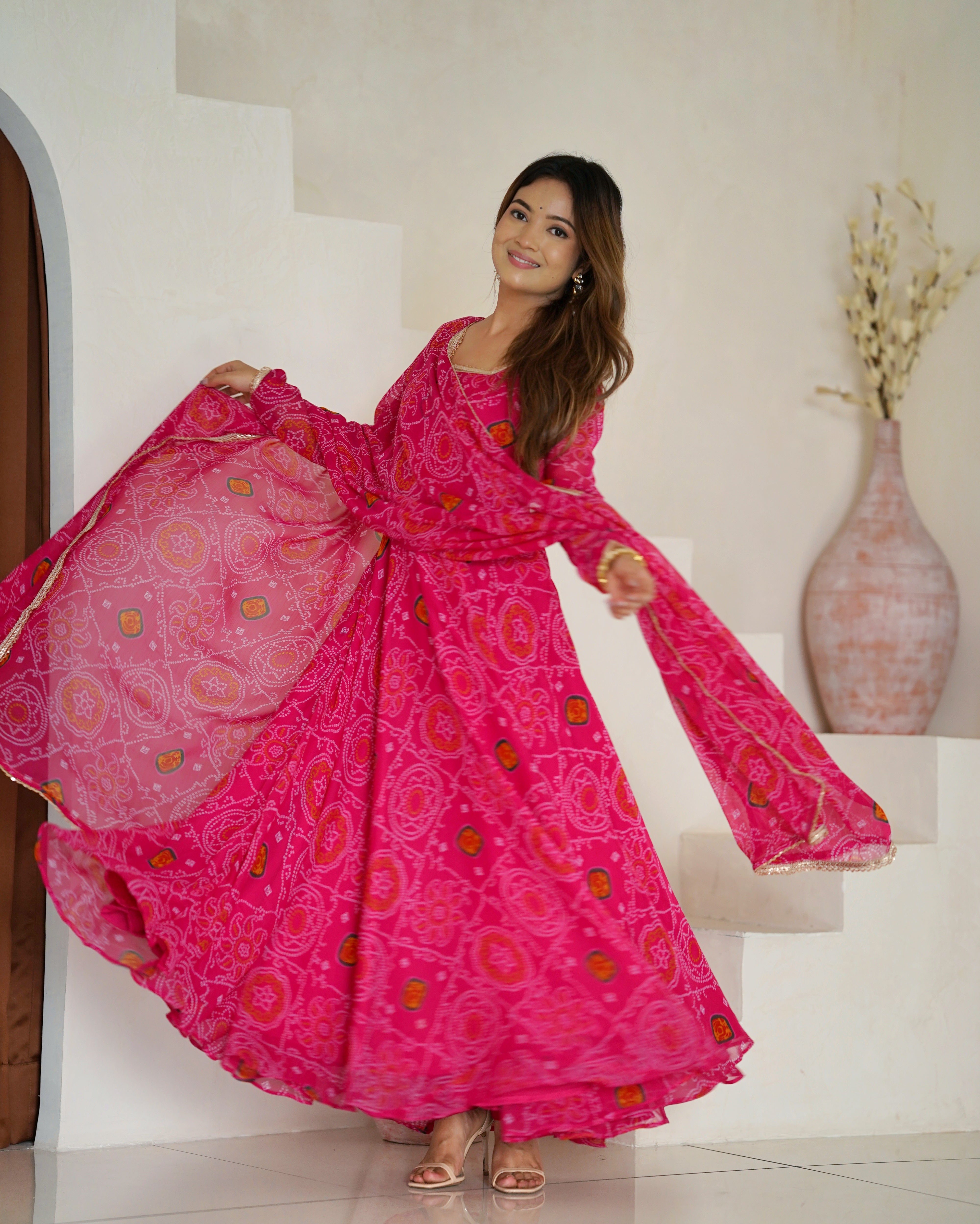 New Designer Bandhej Gown Set – Pure Soft Chiffon Anarkali with Dupatta and Pant