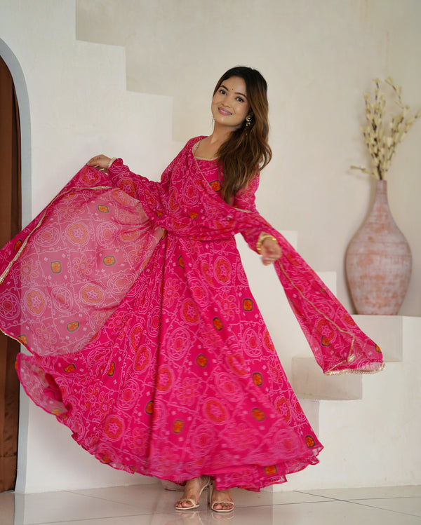 New Designer Bandhej Gown Set – Pure Soft Chiffon Anarkali with Dupatta and Pant