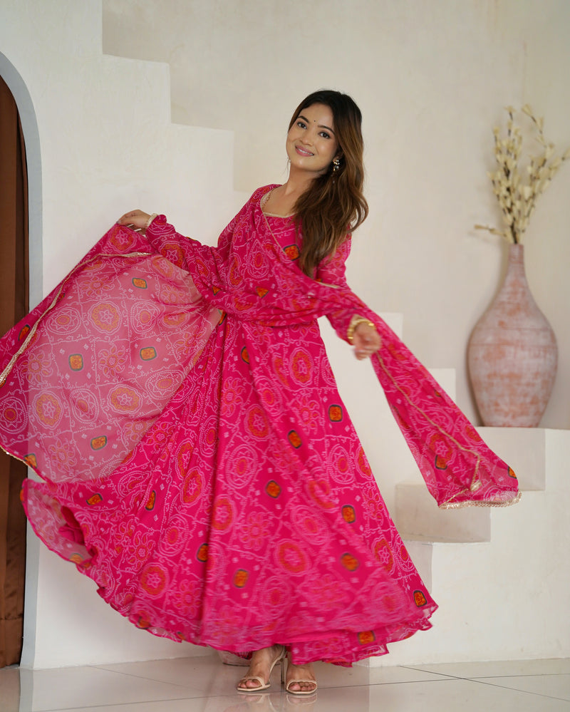 New Designer Bandhej Gown Set – Pure Soft Chiffon Anarkali with Dupatta and Pant