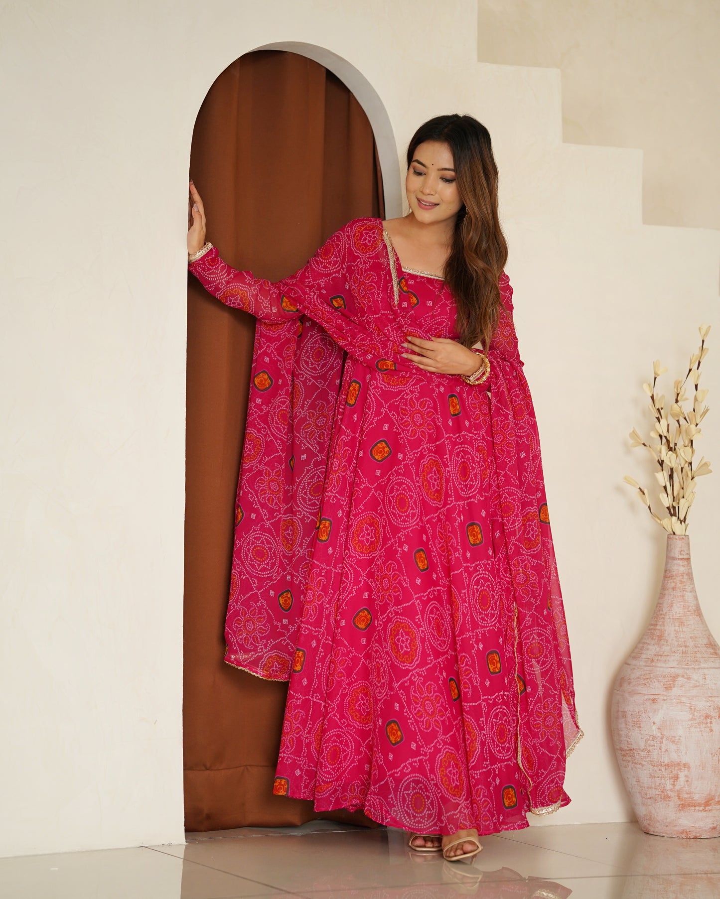 New Designer Bandhej Gown Set – Pure Soft Chiffon Anarkali with Dupatta and Pant