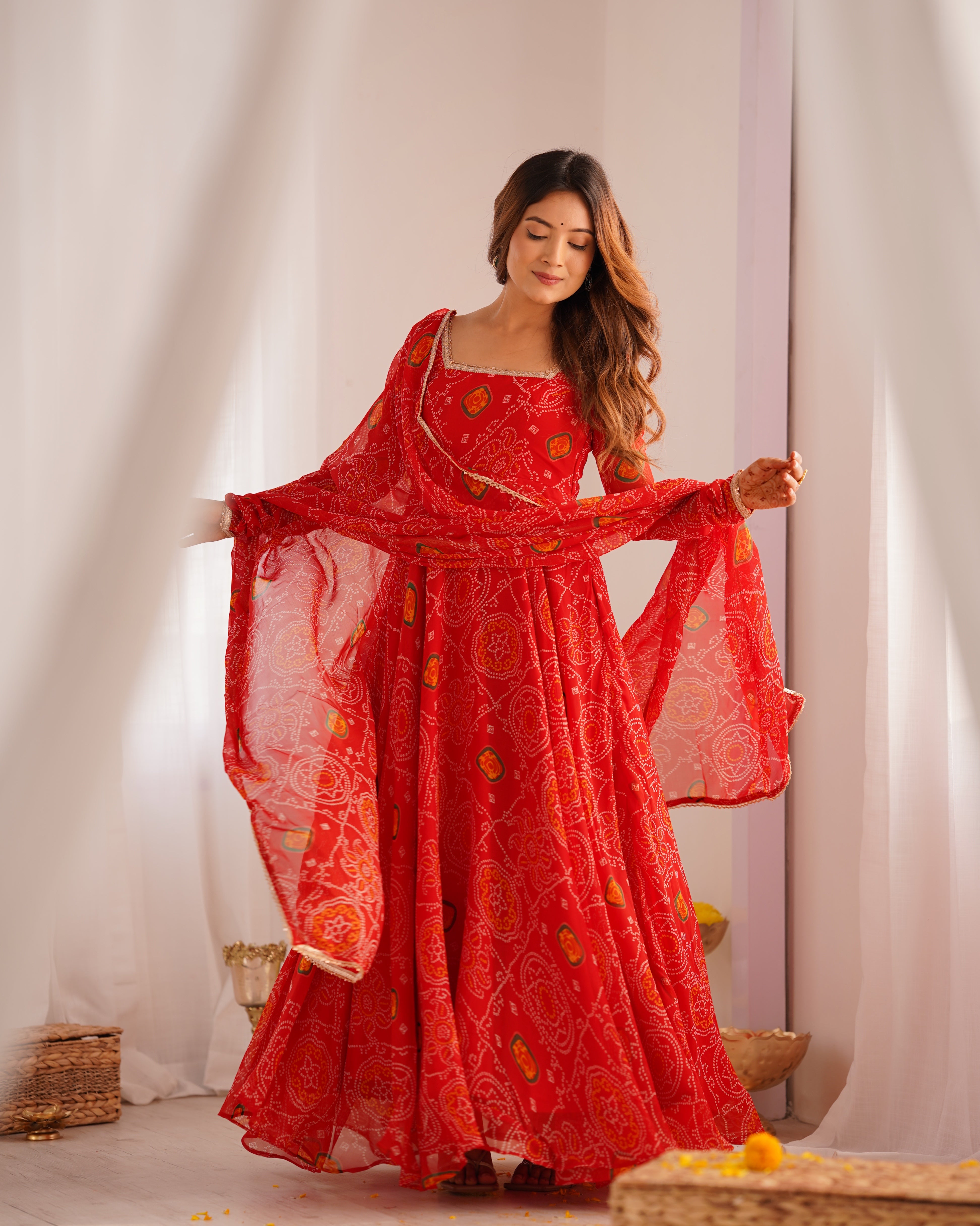 New Designer Bandhej Gown Set – Pure Soft Chiffon Anarkali with Dupatta and Pant