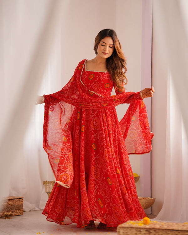 New Designer Bandhej Gown Set – Pure Soft Chiffon Anarkali with Dupatta and Pant