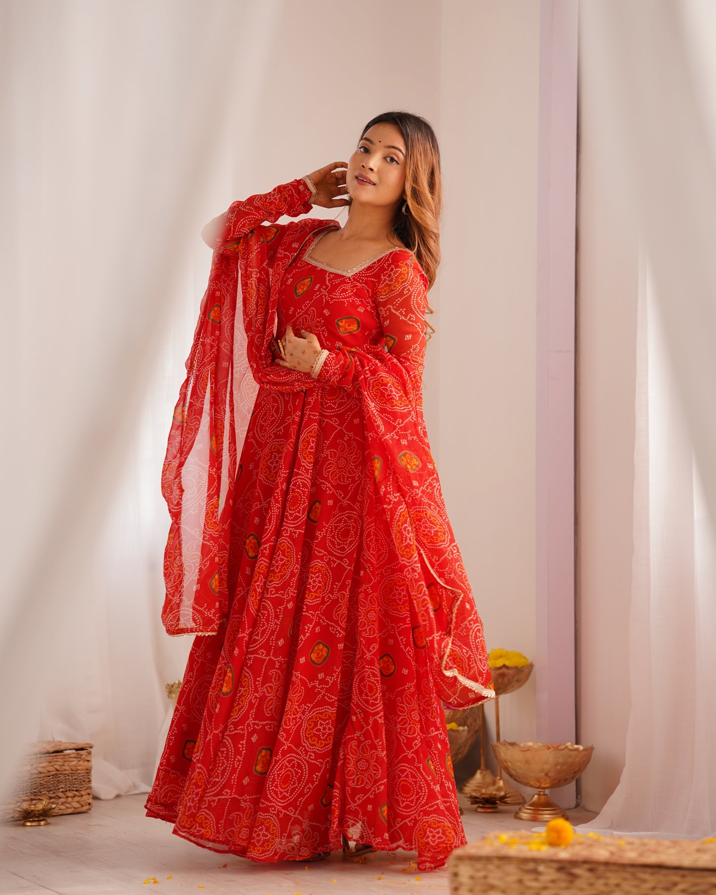 New Designer Bandhej Gown Set – Pure Soft Chiffon Anarkali with Dupatta and Pant