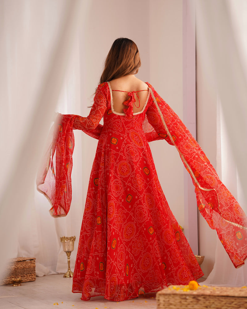 New Designer Bandhej Gown Set – Pure Soft Chiffon Anarkali with Dupatta and Pant