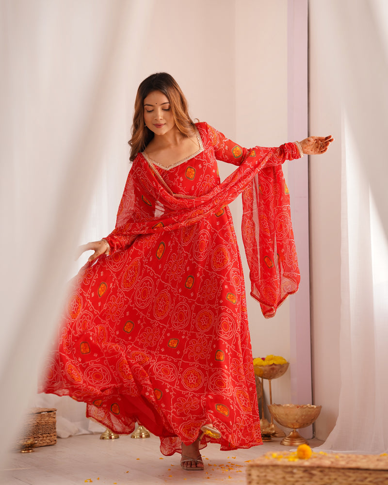 New Designer Bandhej Gown Set – Pure Soft Chiffon Anarkali with Dupatta and Pant