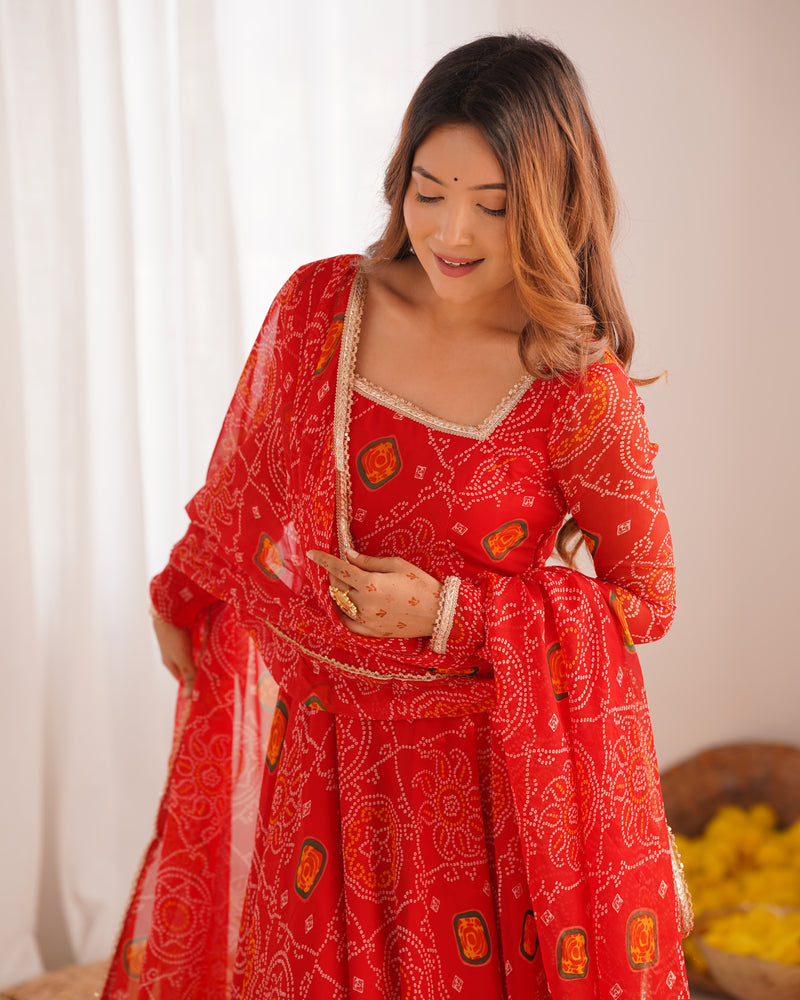 New Designer Bandhej Gown Set – Pure Soft Chiffon Anarkali with Dupatta and Pant