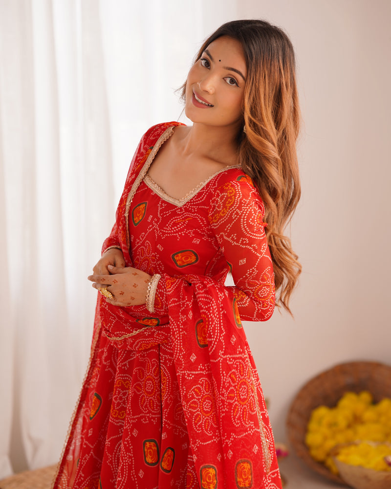 New Designer Bandhej Gown Set – Pure Soft Chiffon Anarkali with Dupatta and Pant