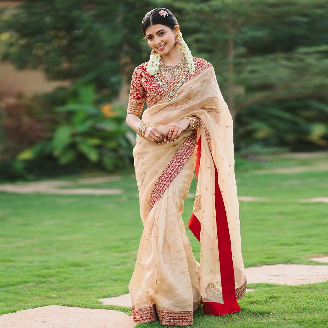 Cream Organza Saree with Cording Sequins Work