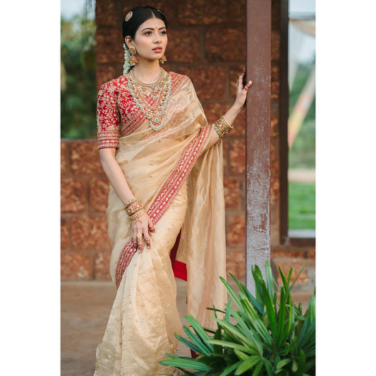 Cream Organza Saree with Cording Sequins Work