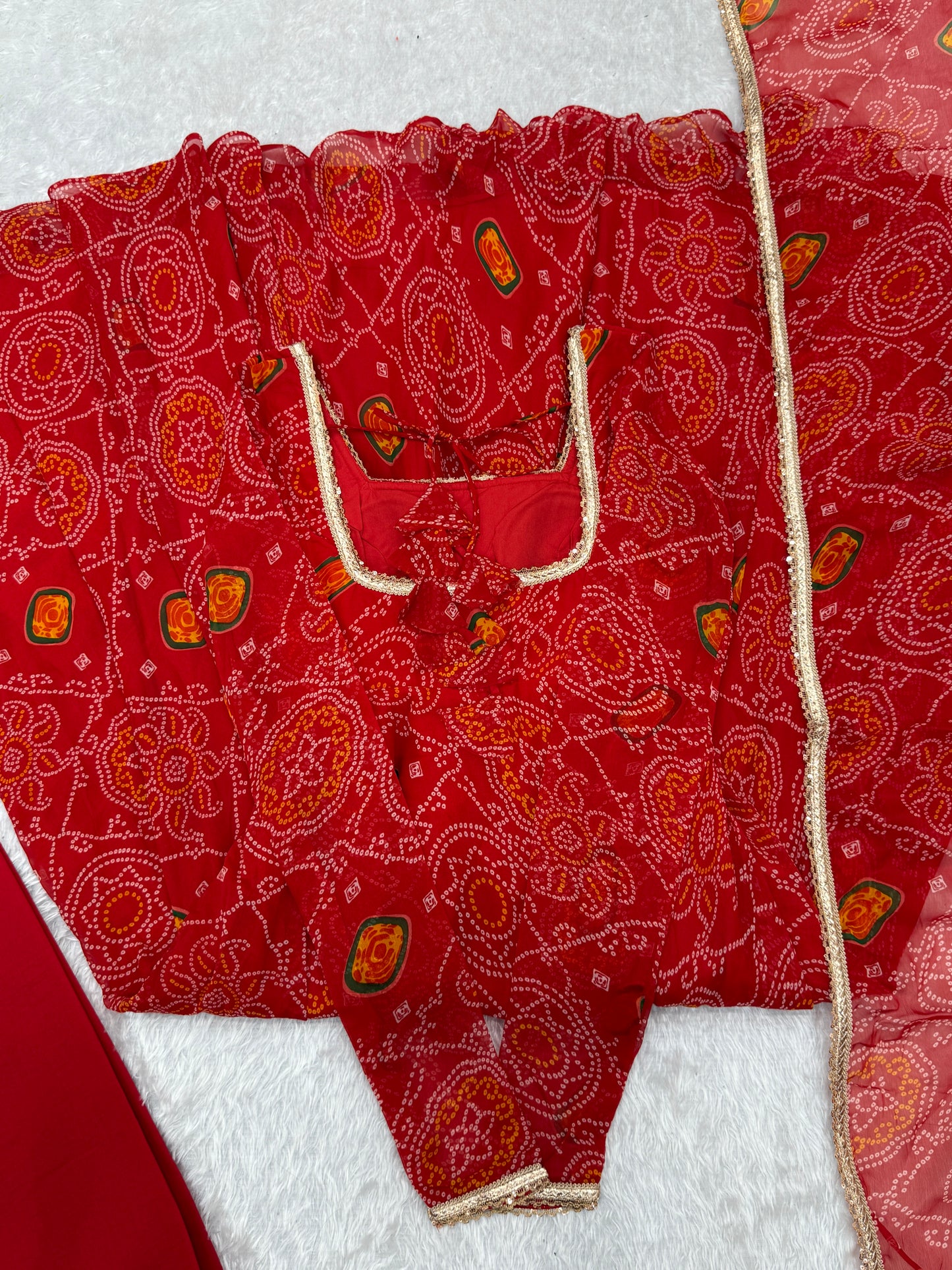 New Designer Bandhej Gown Set – Pure Soft Chiffon Anarkali with Dupatta and Pant