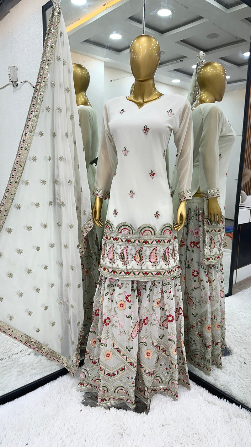 White Designer Party Wear Fancy Top-Dupatta and Fully Stitched Sharara Set