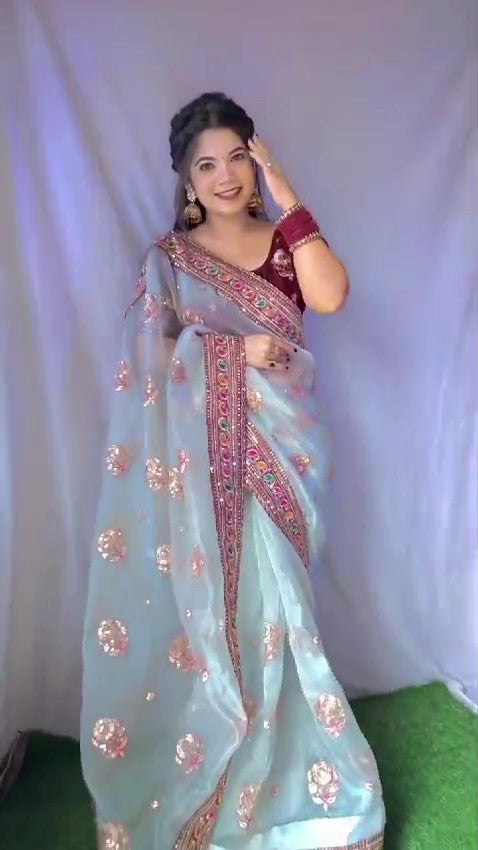 "Elegant Organza Silk Designer Saree with Thread & Sequin Work and Velvet Blouse"